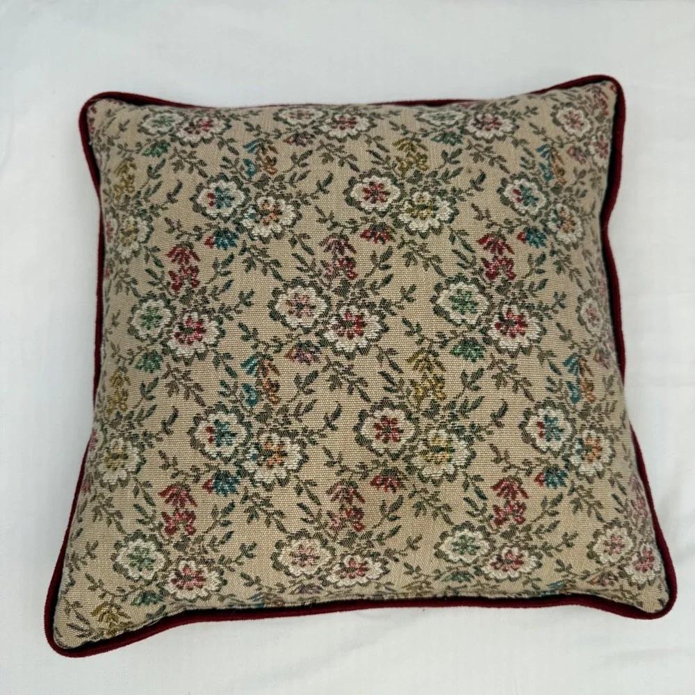 Vintage Floral Tapestry Throw Pillow Burgundy Velvet Piping Square Accent 15x15